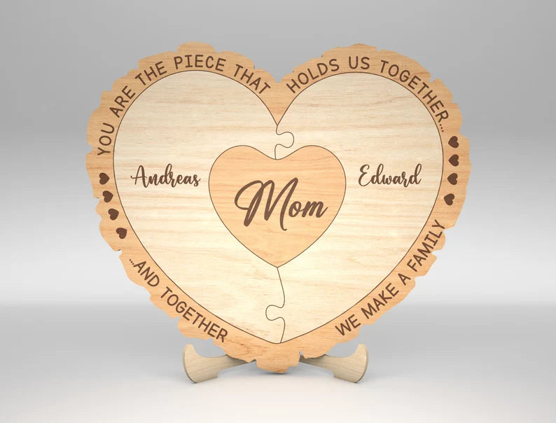 Personalized Wooden Puzzle Heart Plaque – “Mom, You Hold Us Together” Family Gift