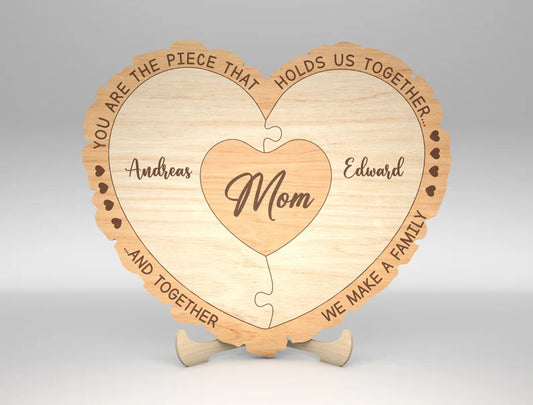 Personalized Wooden Puzzle Heart Plaque – “Mom, You Hold Us Together” Family Gift