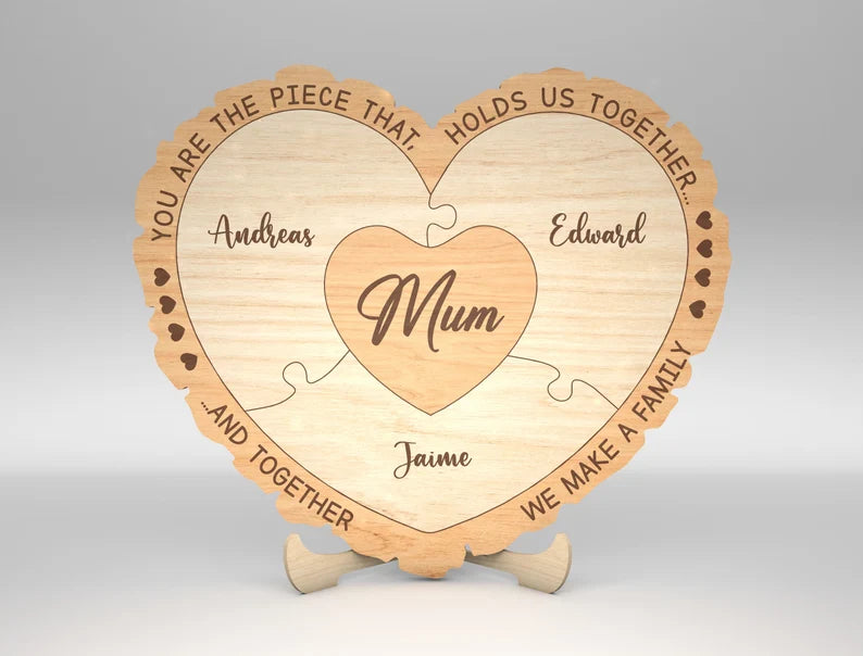 Personalized Wooden Puzzle Heart Plaque – “Mom, You Hold Us Together” Family Gift